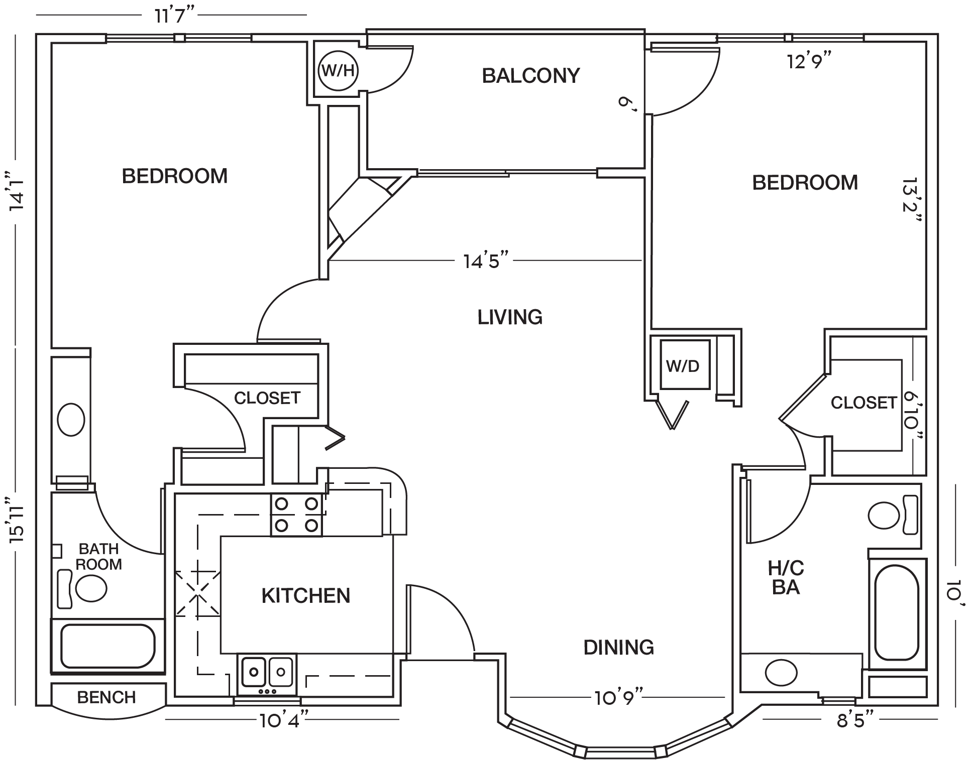Floor plan for 2 beds, 2 baths, 1104 sqft